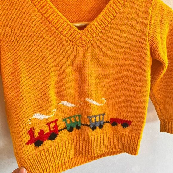 Vintage handmade Yellow Knit Sweater with Train Design - Picture 3 of 11